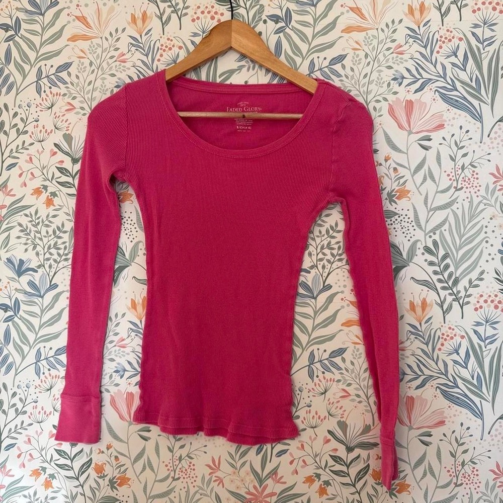 Vintage Y2K Faded Glory Pink Ribbed Long Sleeve Scoop Neck Lettuce Edge Top